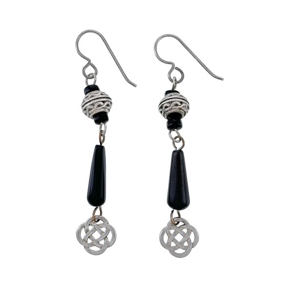 Vintage Sterling Silver 925 Black Onyx Knot Dangle French Wire Earrings - Picture 1 of 3